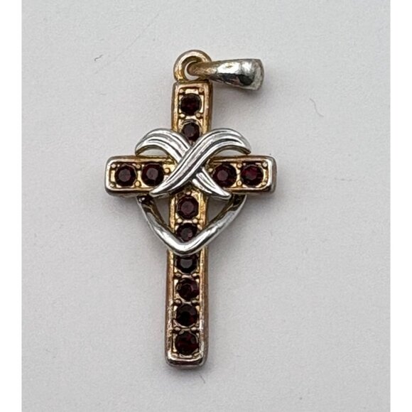Vintage Faux Garnet Cross Pendant Gold Tone with Silver Tone Heart Design - Picture 6 of 6